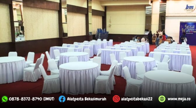 Rental Meja Bulat Meja Kotak dan Kursi Cover Putih Depok