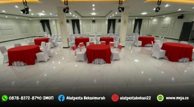 Rental Round Table Dengan Cover Putih Topping Merah Pondok Kelapa Jakarta