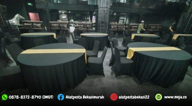 Sewa Meja Bundar Taplak Hitam Kursi Susun Sarung Kursi Hitam Jakarta